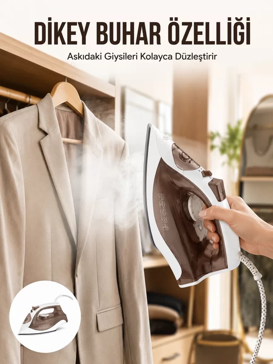 Kahverengi Buharlı Ütü 2200W Sürekli Buhar 120 g Şok Buhar