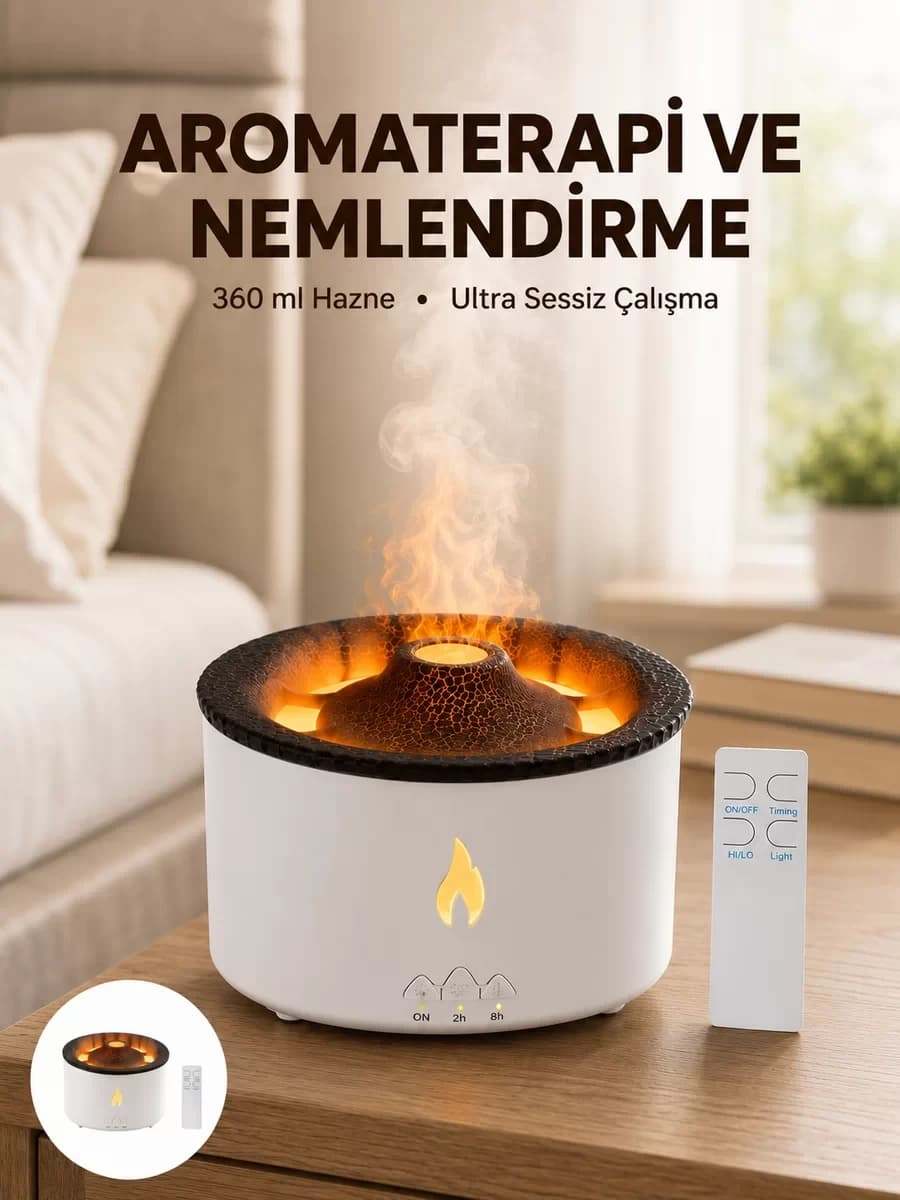 Alev Efektli Aromaterapi Difüzörü – 360 ml Su Hazneli Sessiz ve Zaman Ayarlı ...