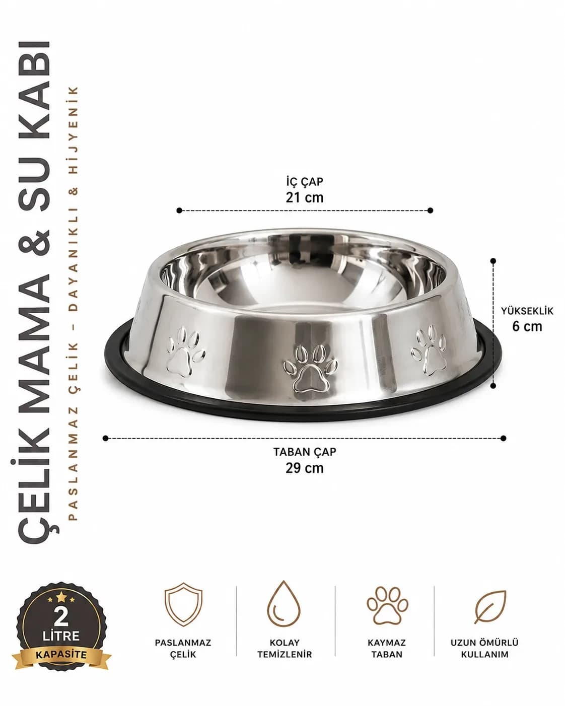 Köpekler İçin Pati Desenli Çelik Su Kabı 30 Cm - 64 Oz - 2 LT
